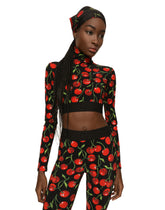 Cherry-print technical jersey turtle-neck top with branded elastic - | Dolce & Gabbana