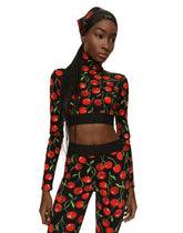 Cherry-print technical jersey turtle-neck top with branded elastic - | Dolce & Gabbana
