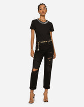 Jersey T-shirt with logo embroidery on neck - | Dolce & Gabbana