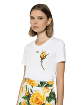 Jersey T-shirt with DG logo and yellow rose-embroidered patch - | Dolce & Gabbana
