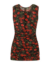 Sleeveless tulle top with cherry print and draping - | Dolce & Gabbana