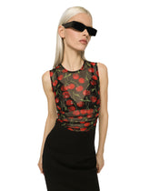 Sleeveless tulle top with cherry print and draping - | Dolce & Gabbana