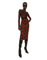 Long-sleeved tulle top with cherry print and draping - | Dolce & Gabbana