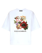 Jersey T-shirt with print and floral embroidery - | Dolce & Gabbana