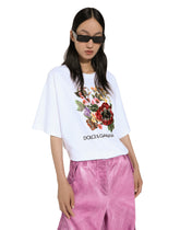 Jersey T-shirt with print and floral embroidery - | Dolce & Gabbana
