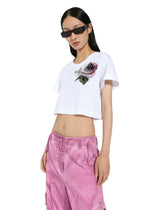 Cropped jersey T-shirt with flower appliqué - | Dolce & Gabbana