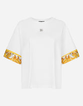 Cotton jersey T-shirt with majolica-print silk twill details - | Dolce & Gabbana