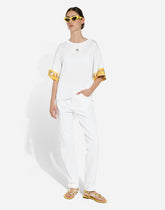 Cotton jersey T-shirt with majolica-print silk twill details - | Dolce & Gabbana