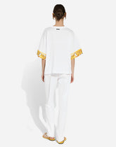 Cotton jersey T-shirt with majolica-print silk twill details - | Dolce & Gabbana