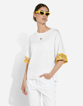 Cotton jersey T-shirt with majolica-print silk twill details - | Dolce & Gabbana