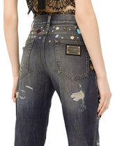 Denim jacket with rhinestone details - | Dolce & Gabbana