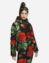 Nylon down jacket with red rose print - | Dolce & Gabbana