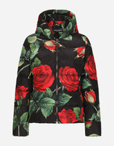 Nylon down jacket with red rose print - | Dolce & Gabbana