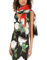 Silk scarf with white rose print (120 x 200) - | Dolce & Gabbana