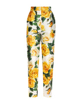High-waisted mikado pants with yellow rose print - | Dolce & Gabbana