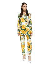 High-waisted mikado pants with yellow rose print - | Dolce & Gabbana