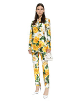High-waisted mikado pants with yellow rose print - | Dolce & Gabbana
