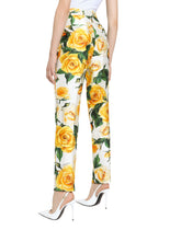 High-waisted mikado pants with yellow rose print - | Dolce & Gabbana