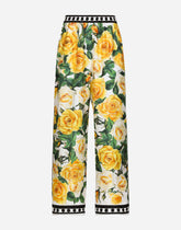 Silk pajama pants with rose print yellow - | Dolce & Gabbana
