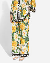 Silk pajama pants with rose print yellow - | Dolce & Gabbana