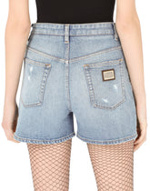 Light blue stretch denim shorts - | Dolce & Gabbana