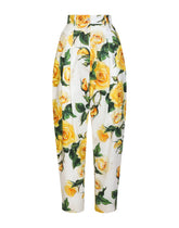 High-waisted cotton pants with yellow rose print - | Dolce & Gabbana