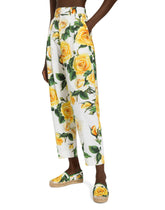 High-waisted cotton pants with yellow rose print - | Dolce & Gabbana
