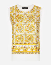 Sleeveless silk sweater with majolica-print silk twill panel on the front - | Dolce & Gabbana