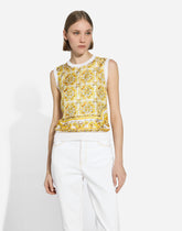 Sleeveless silk sweater with majolica-print silk twill panel on the front - | Dolce & Gabbana