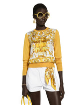 Silk sweater with majolica-print silk twill panel on the front - | Dolce & Gabbana