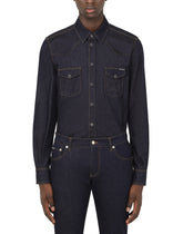 Blue stretch denim shirt with DG logo - | Dolce & Gabbana