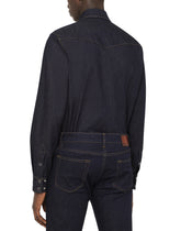Blue stretch denim shirt with DG logo - | Dolce & Gabbana