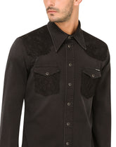 Grey wash denim shirt with lace inserts - | Dolce & Gabbana