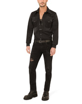 Grey wash denim shirt with lace inserts - | Dolce & Gabbana