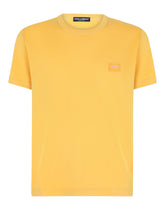 Cotton V-neck T-shirt with branded plate - | Dolce & Gabbana