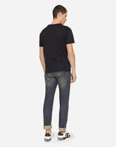 Cotton V-neck T-shirt with branded plate - | Dolce & Gabbana