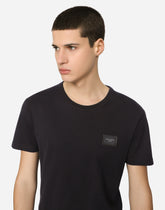 Cotton V-neck T-shirt with branded plate - | Dolce & Gabbana