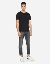 Cotton V-neck T-shirt with branded plate - | Dolce & Gabbana