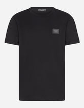 Cotton V-neck T-shirt with branded plate - | Dolce & Gabbana