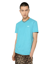 Cotton V-neck T-shirt with branded plate - | Dolce & Gabbana