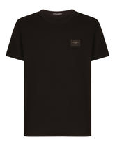 Cotton V-neck T-shirt with branded plate - | Dolce & Gabbana