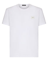 Cotton V-neck T-shirt with branded plate - | Dolce & Gabbana