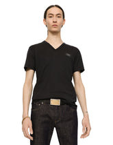 Cotton v-neck t-shirt with branded plate - | Dolce & Gabbana