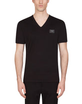 Cotton v-neck t-shirt with branded plate - | Dolce & Gabbana