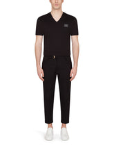 Cotton v-neck t-shirt with branded plate - | Dolce & Gabbana