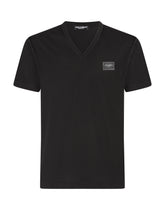 Cotton v-neck t-shirt with branded plate - | Dolce & Gabbana