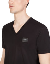Cotton v-neck t-shirt with branded plate - | Dolce & Gabbana