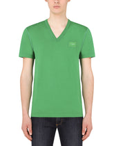 Cotton v-neck t-shirt with branded plate - | Dolce & Gabbana