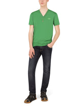 Cotton v-neck t-shirt with branded plate - | Dolce & Gabbana