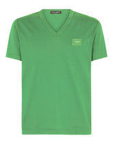 Cotton v-neck t-shirt with branded plate - | Dolce & Gabbana